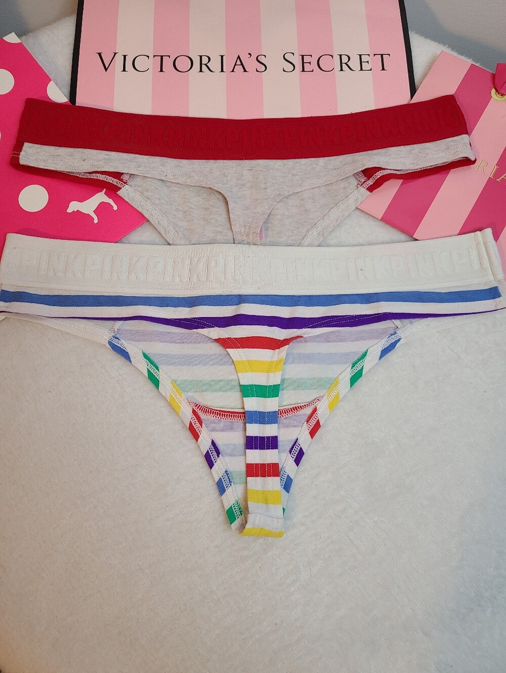 Retired VS PINK 2pk Colorful Logo Band Cotton Thong Panties Size Lg - Picture 3 of 6